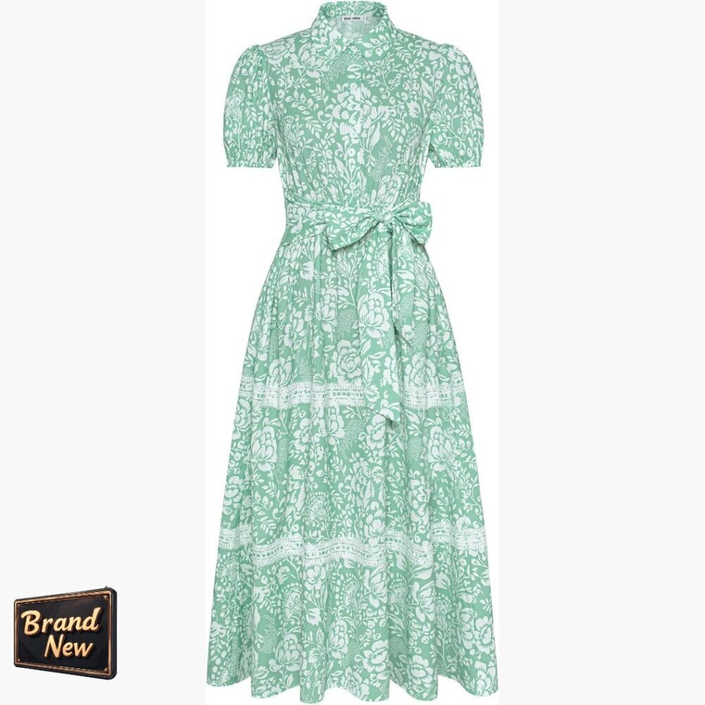 Floral Maxi Dress With Puff Sleeves Tie Belt Pockets A-Line Summer
